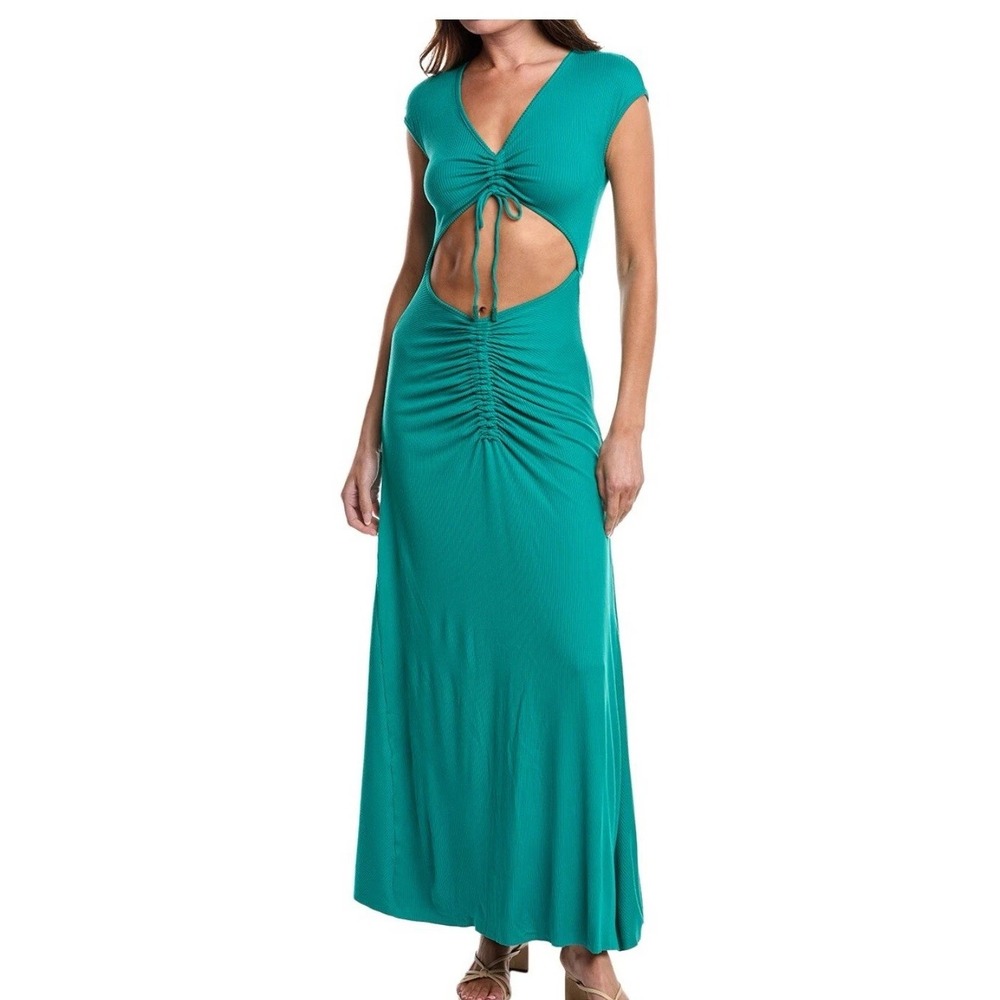 NWT Agua Bendita Aliana V-Neck Cut Out Ruched Ribbed Maxi Dress Green Womens L